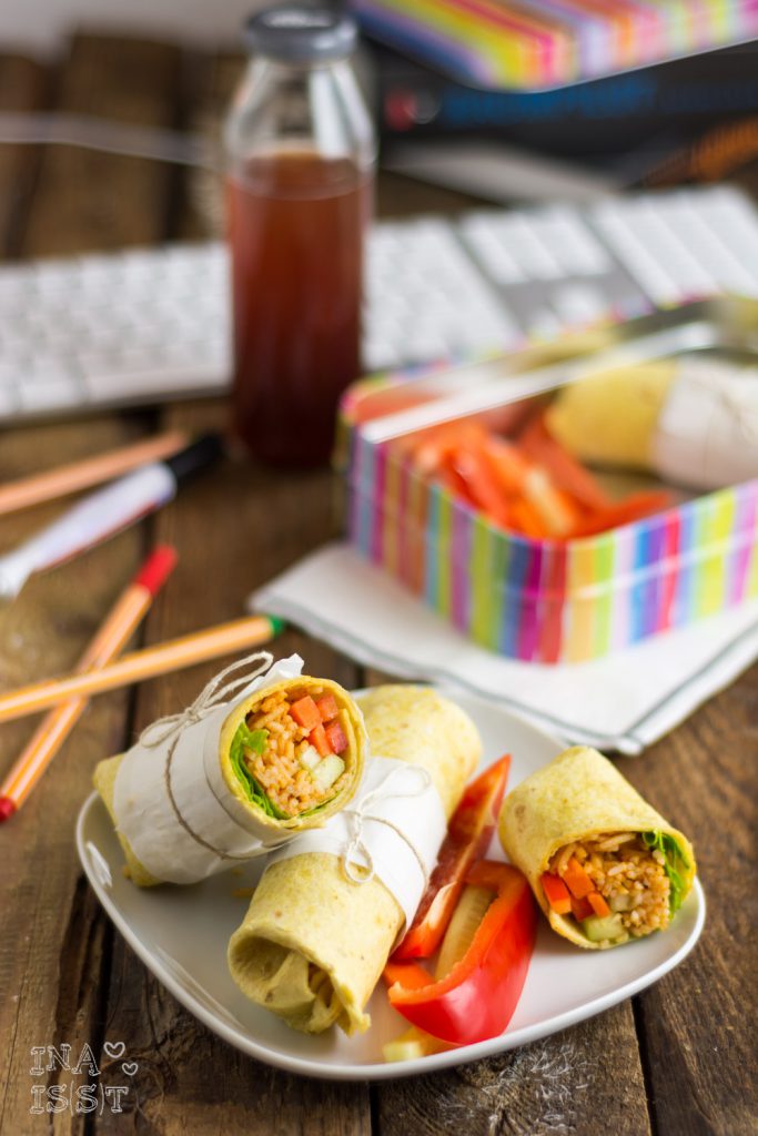 Essen im Büro, Reis-Burritos mit frischem Gemüse